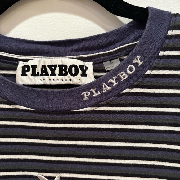 Playboy by Pacsun Metallic Bunny Men's Striped Crewneck T-shirt 100% cotton L - Picture 4 of 10